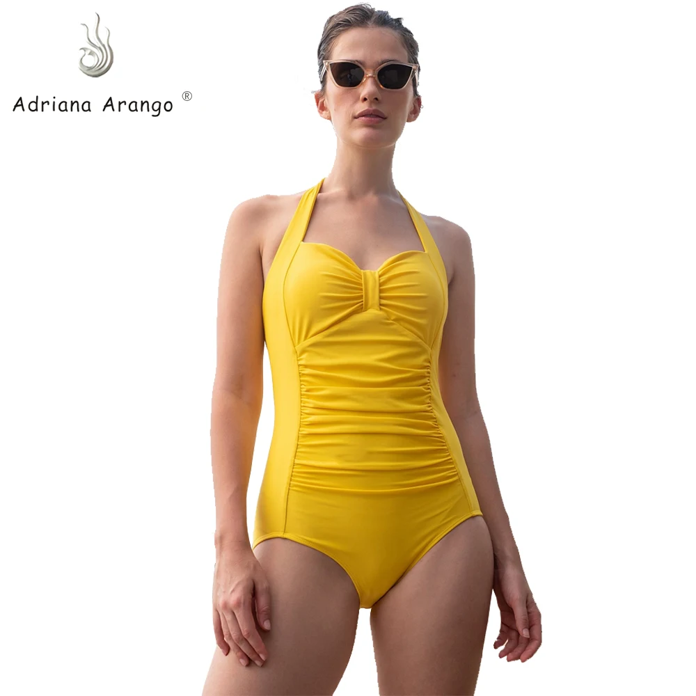 Adriana Arango 2019 Fit Elastane Bikini One Piece Swimsuit Halter Wrinkle Body Swimwear Sexy 