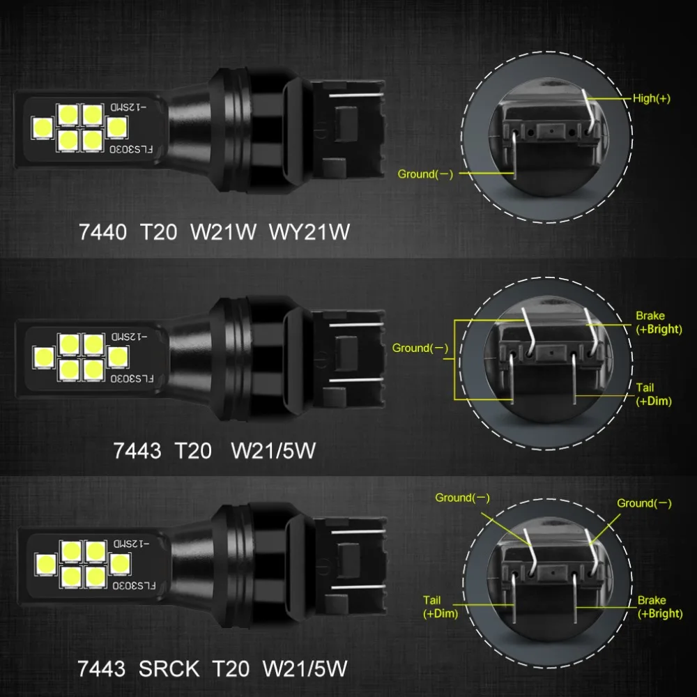 2Pcs T20 W21W WY21W W21/5W LED Bulbs 7440 7443 SRCK Led Car Turn Signal  Reverse Lamp Auto Light Bulbs 12V 1200LM White Amber