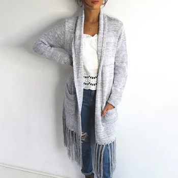 

Autumn knitted long cardigan female Winter POCKET loose women Tassel sweater cardigan coat Causal sweater jumper outerwear 2020