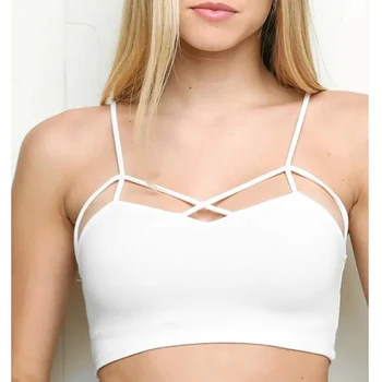 

2018 Modal Sexy Slim Lingerie Front Cross Strap Padded Crop Top Solid Cut-Out Hollow White Black Bralette