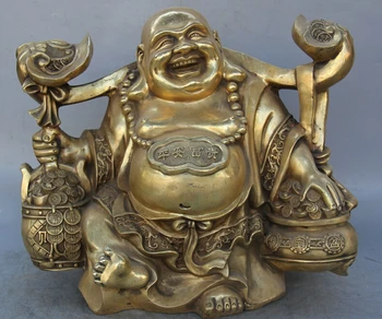 

USPS to USA S2207 17" Chinese Brass Wealth Money Happy Laugh Maitreya Buddha treasure bowl Statue