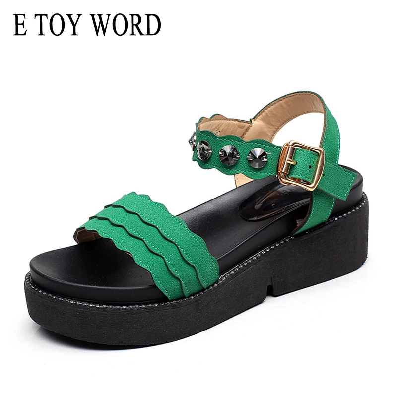 E TOY WORD 2018 New Sandals Women summer fashion Rhinestone Ladies Sandals thick bottom wedge Flat shoes Big size 41-43