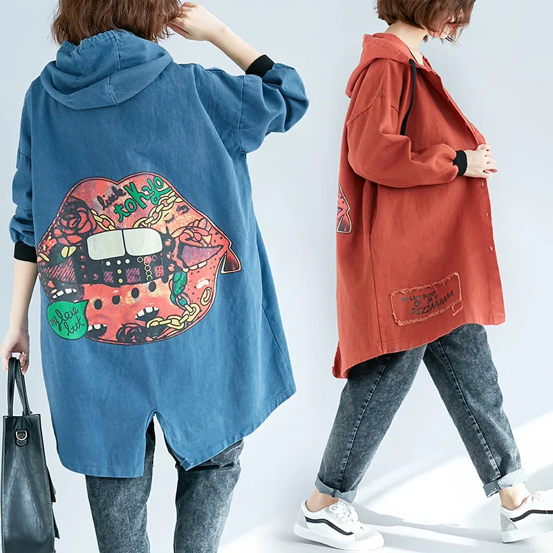 

Spring Autumn Hooded Long Trench Coat Women Fashion Casual Loose Oversize Overcoat Lady 2019 Harajuku Print Denim Windbreaker