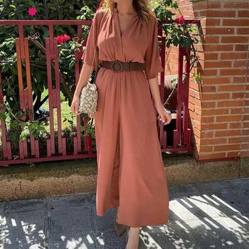 

RZIV Summer women's jumpsuit casual solid color V-neck short-sleeved belt decorated wide leg jumpsuit