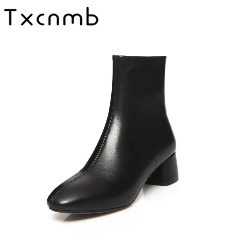 

TXCNMB Boots Women Ankle Boots Autumn Winter Warm Cow Genuine Leather Square Heels Shoes Woman Casual Brand Design Boots