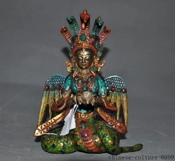 

wedding decoration Tibet Buddhism bronze Inlay turquoise Red Coral 5-Heads Snake Naga Kanya Statue