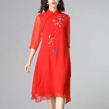 

silk floral bohemian robe femme ete 2019 summer long vintage women's beach qipao dresses plus size loose red flower embroidery