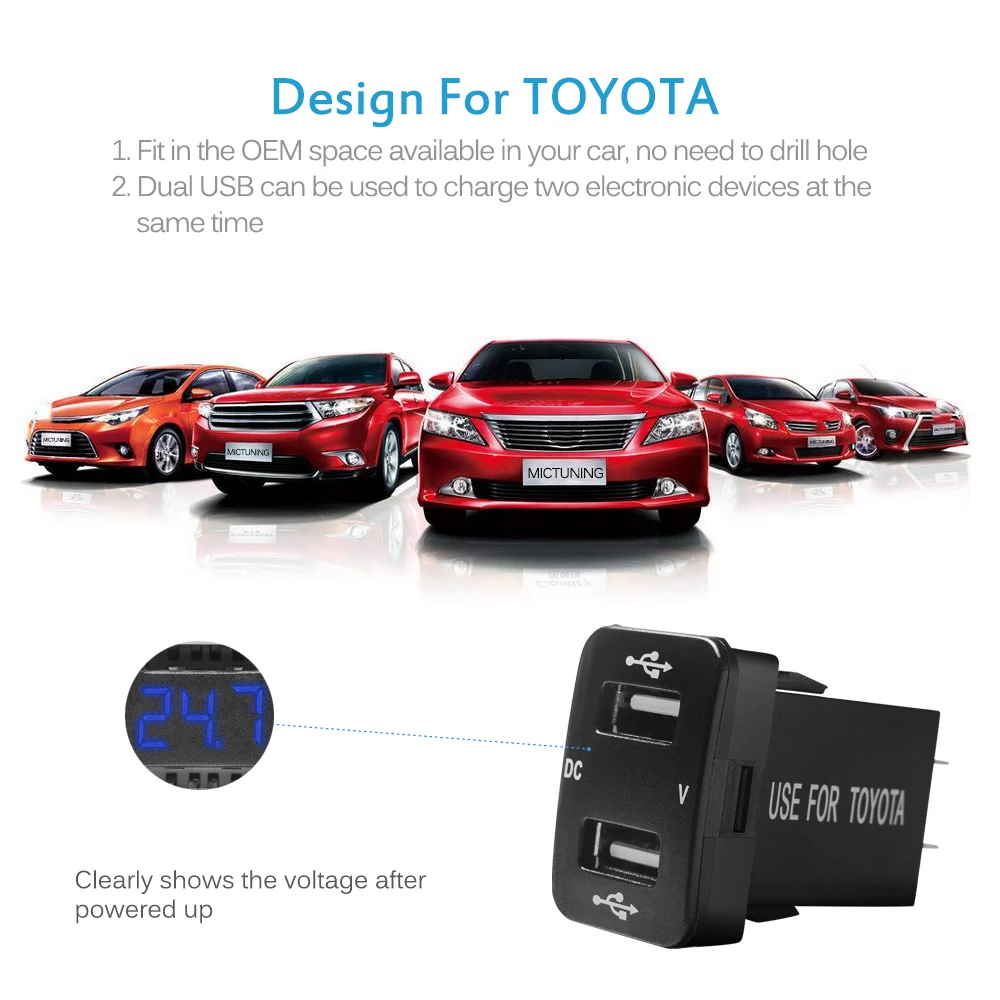 MICTUNING 2.1A Авто двойной USB зарядное устройство разъем цифровой вольтметр W/синий светодиодный светильник для смартфонов iPhone PDA ноутбука gps для Toyota