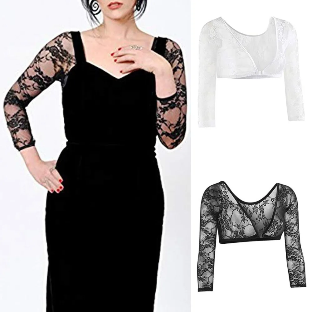 

Womens Plus Size Seamless Arm Shaper See Through Floral Lace Mesh Short Crop Top 3/4 Sleeves Deep V-Neck Cardigan Slip-On Solid