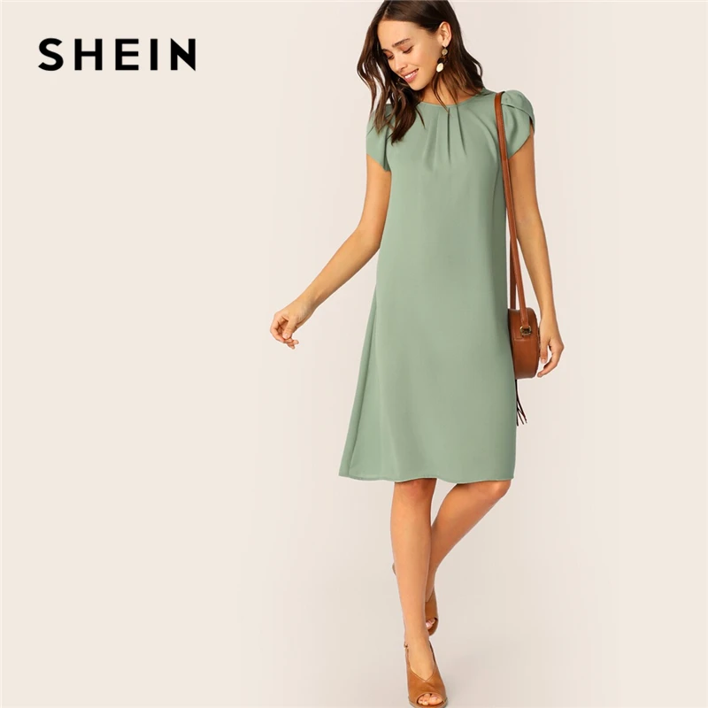

SHEIN Petal Sleeve Pleated Front Dress 2019 Green Shift Solid Cap Sleeve Round Neck Summer Straight Women Dresses