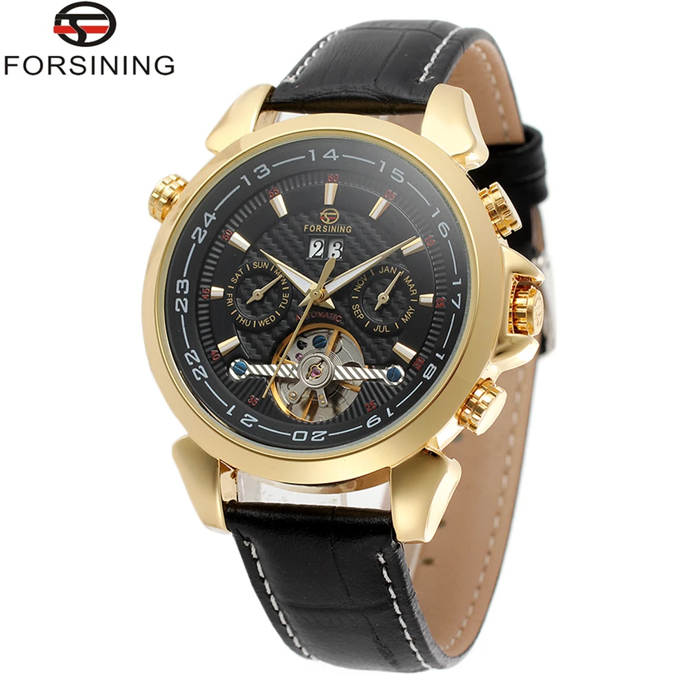 

FORSINING Brand Mens Genuine Leather Strap Tourbillon Automatic Mechanical Watch Fashion Elegant Male Wristwatch Relogio Releges