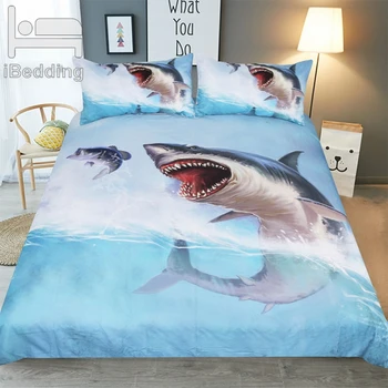 

3Pcs/Set Shark Printed Bedding Set King Queen Twin Size Luxury Blue Bed Duvet Cover Single Double Sheet Set Bedclothes