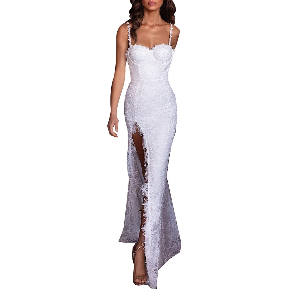 

Women Formal Dress floor-length Sexy Strapless White Dress Camis Back Lace Hollow Long Split Party Elegant Dress