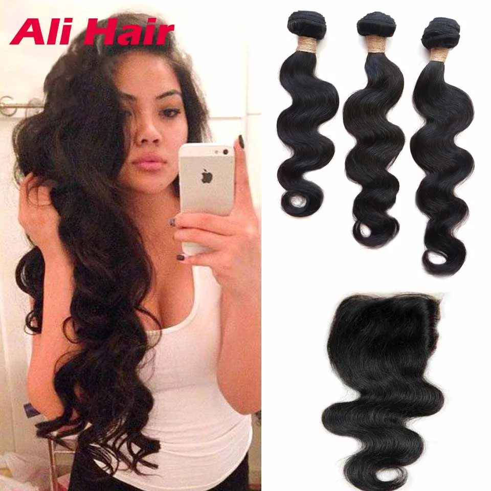 Grade 7A Brazilian Virgin Hair With Closure 3 Bundles Brazilian Body Wave with Closure Cheap Brazilian Hair Bundles With Closure