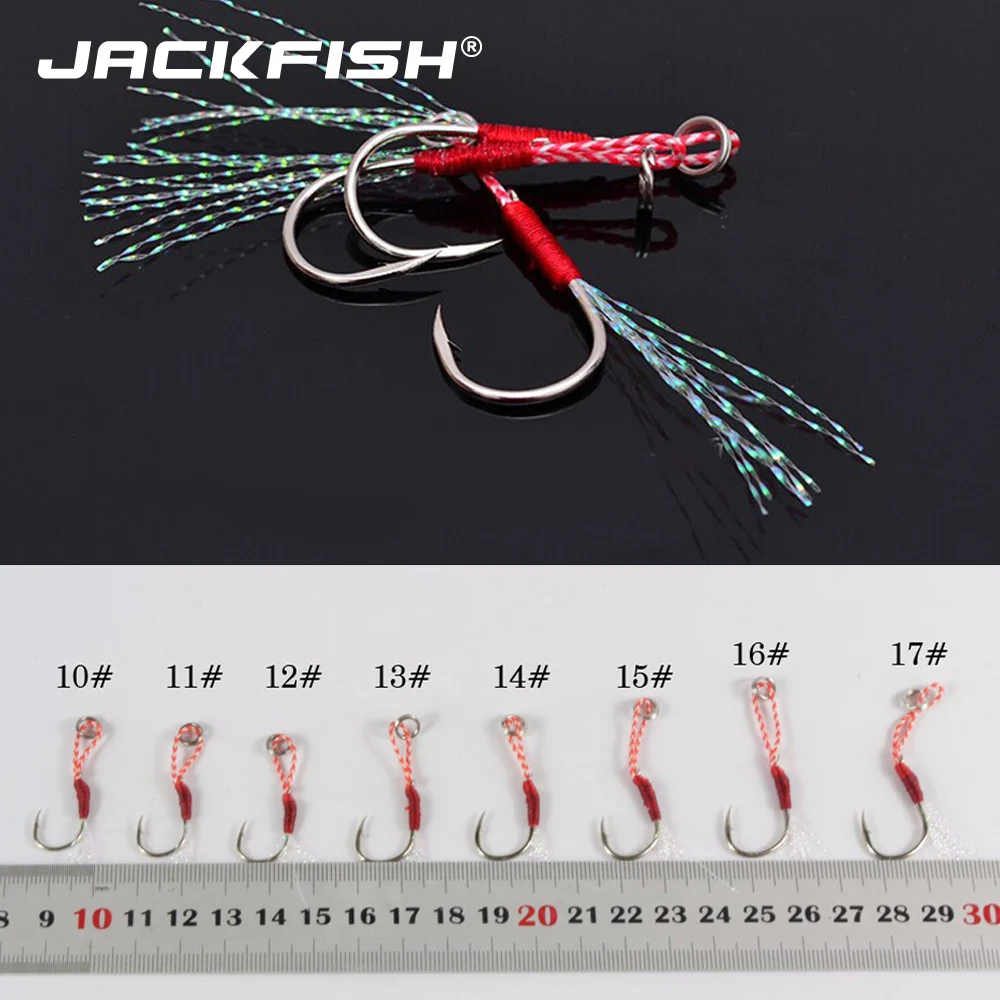 JACKFISH 10pcs/lot High Carbon Steel Fishing Hooks with Line feather roped Fishhook Barbed Hooks Fishing Tackle 20KG/44Ib