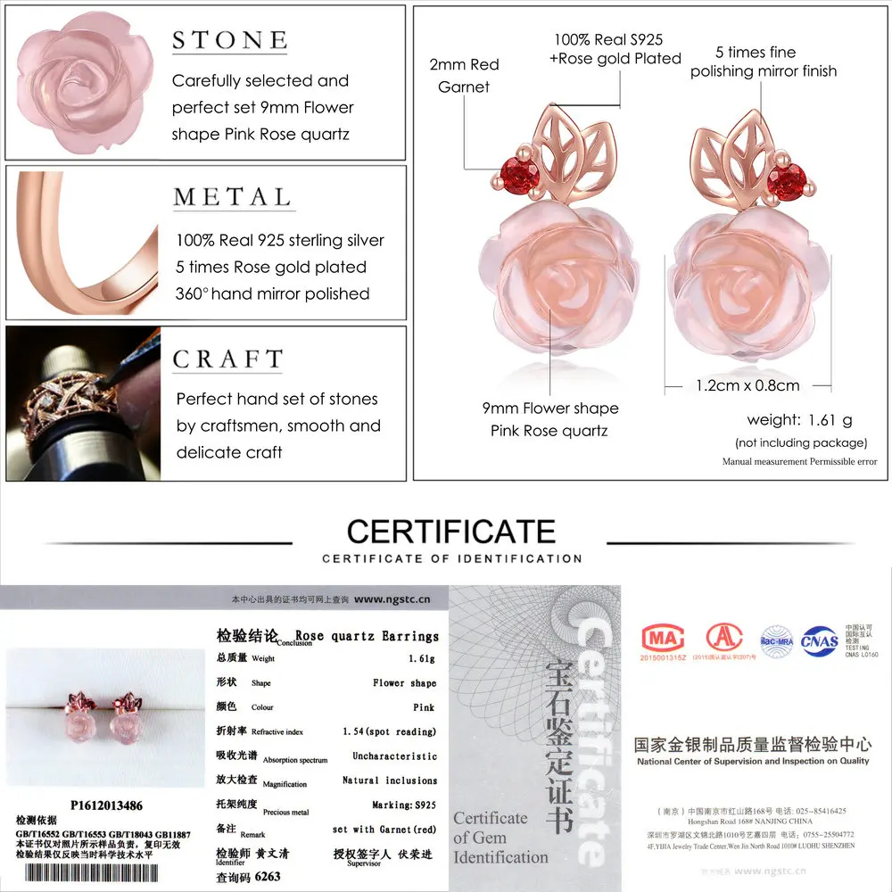 LAMOON Stud Earrings 925 Sterling Silver Fine Jewelry 9mm Rose Flower Natural Pink Rose Quartz Women Plants Kaffa Earrings 2017