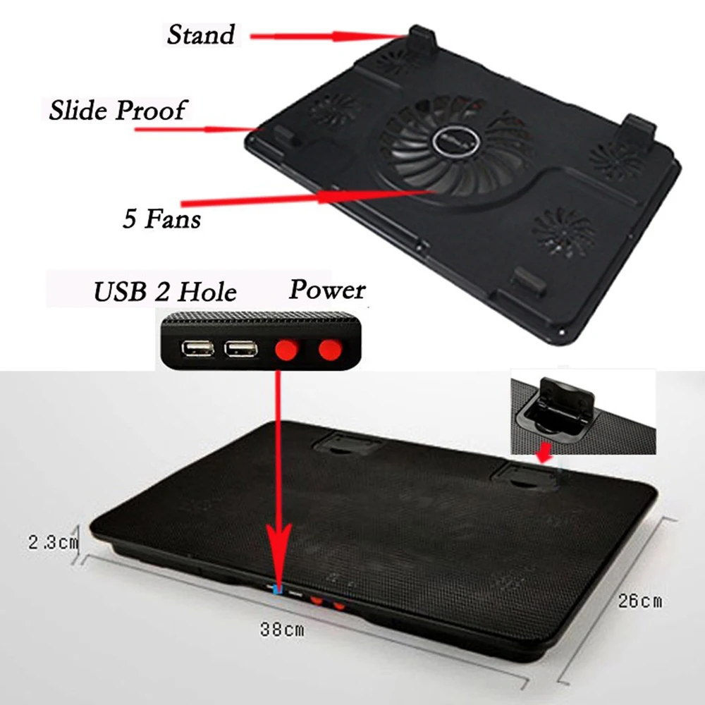 5 Вентилятор usb-охладитель для ноутбука охлаждающая подставка База Светодиодный ноутбук кулер компьютер USB подставка с вентилятором для ноутбука ПК видео 10-17 дюймов
