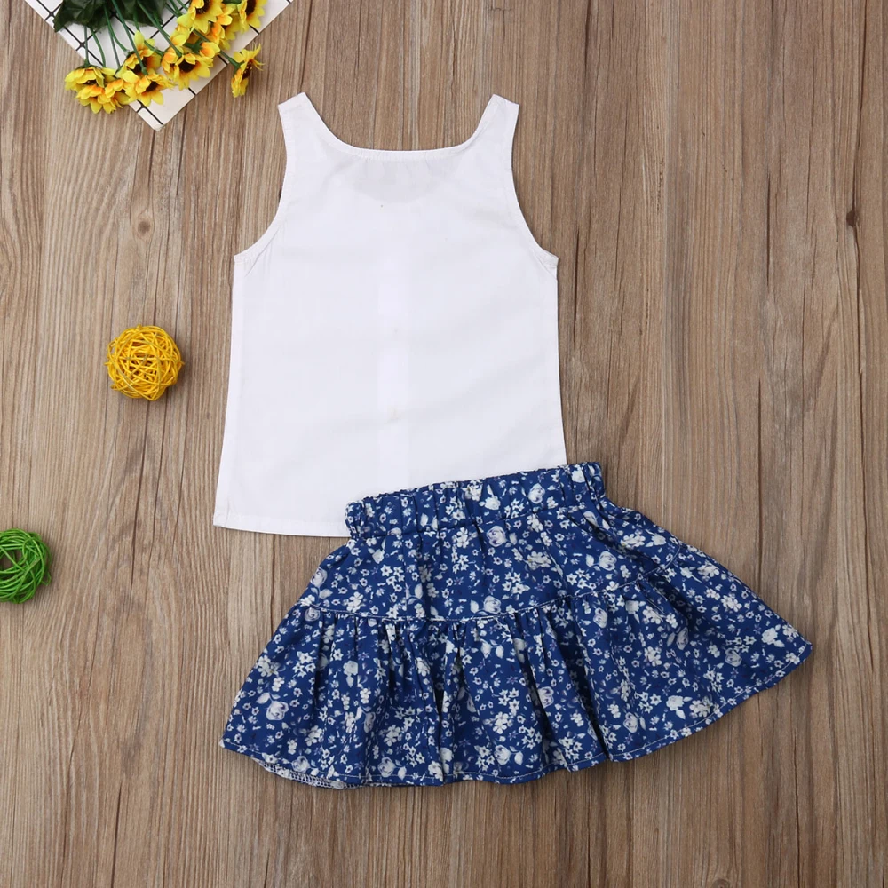 UK/Летняя одежда для маленьких девочек топы без рукавов, футболка+ юбка с цветочным рисунком, комплекты одежды для малышей, комплект одежды из 2 предметов