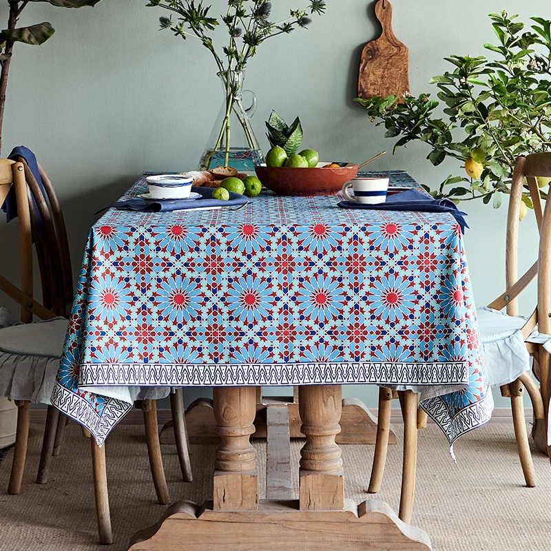 

floral printed blue tablecloth wedding decoration cotton linen table cover cloth