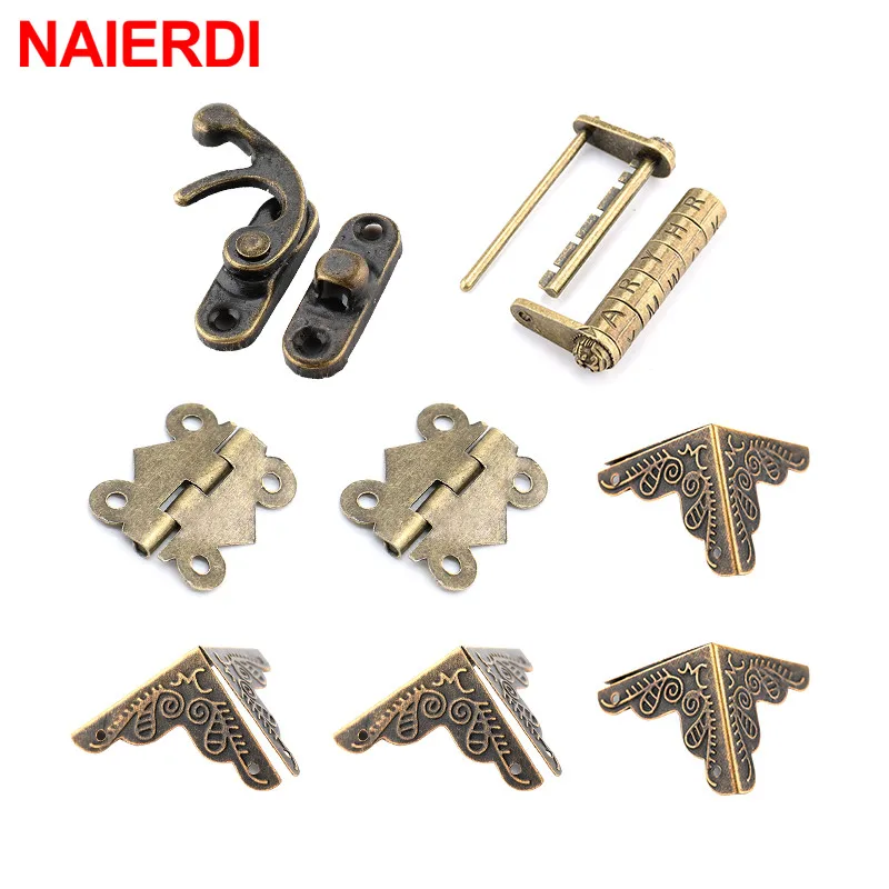 NAIERDI 8Pcs/set Furniture Hardware Chinese Hardware Antique Wooden Box Latch Hasp+Mini Hinges+Corners Brackets+Old Padlock