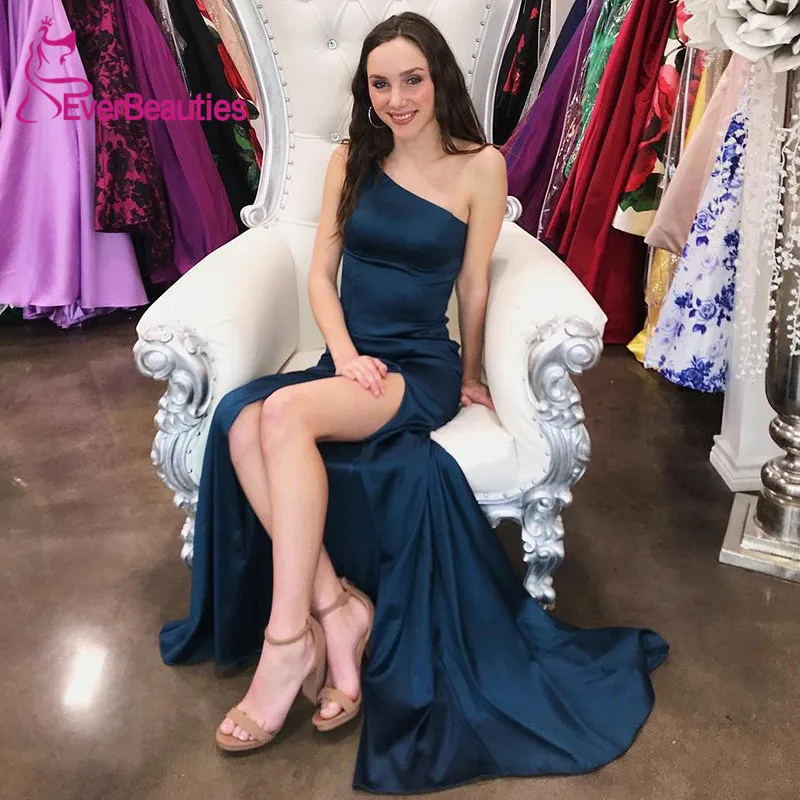

Abiye Gece Elbisesi One Shoulder Evening Dress Long 2020 Side Slit Navy Blue Formal Dresses Robe De Soiree