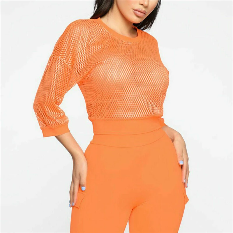 

Womens Blouses And Tops Summer Solid Mesh Sheer Crop Tops Tee See Through Vest Shirt Tee Ladies Clothes Party Beach Women Top