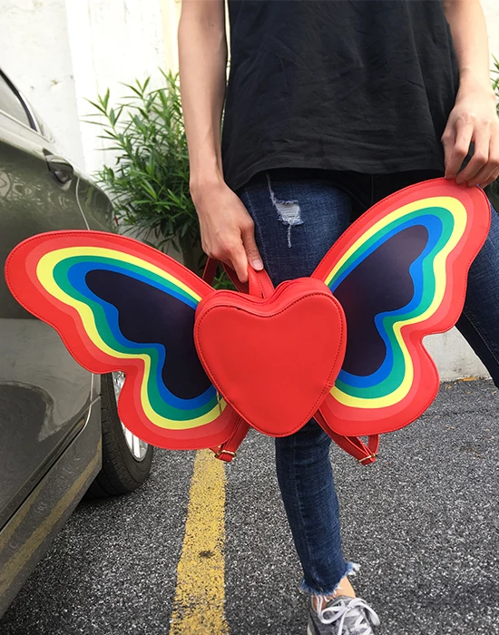Милый модный рюкзак для девочек из искусственной кожи с рисунком радуги, крыльев бабочки, сердечек, повседневная женская школьная сумка
