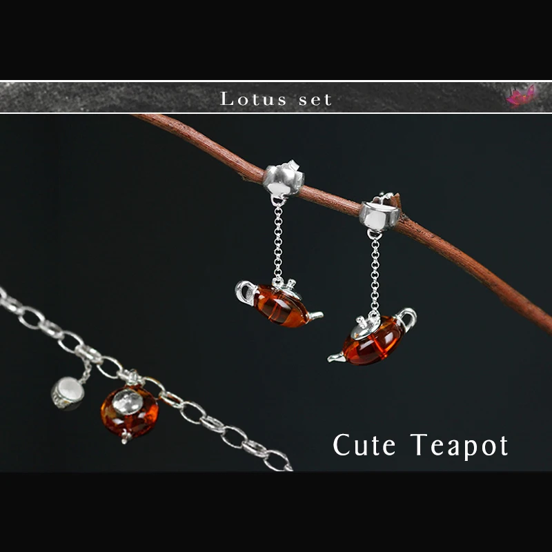 Lotus Fun Real 925 Sterling Silver Natural Amber Handmade Fine Jewelry Cute Teapot Jewelry Set with Dangle Earring Bracelet