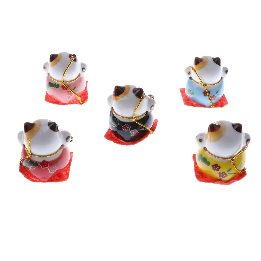 Set of 5 Ceramic Japanese Lucky Cat Fortune Kitten Figurines Cute Smiling Waving Fortune Cat Toy Home Car Decor Ornament #D