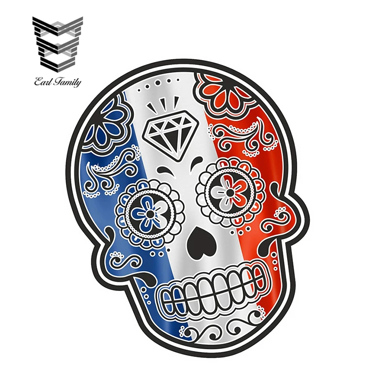 

EARLFAMILY 13cm X 10.7cm Mexican Day of-the Dead Sugar Skull with France French Tricolore Flag Motif External Vinyl Car Stickers