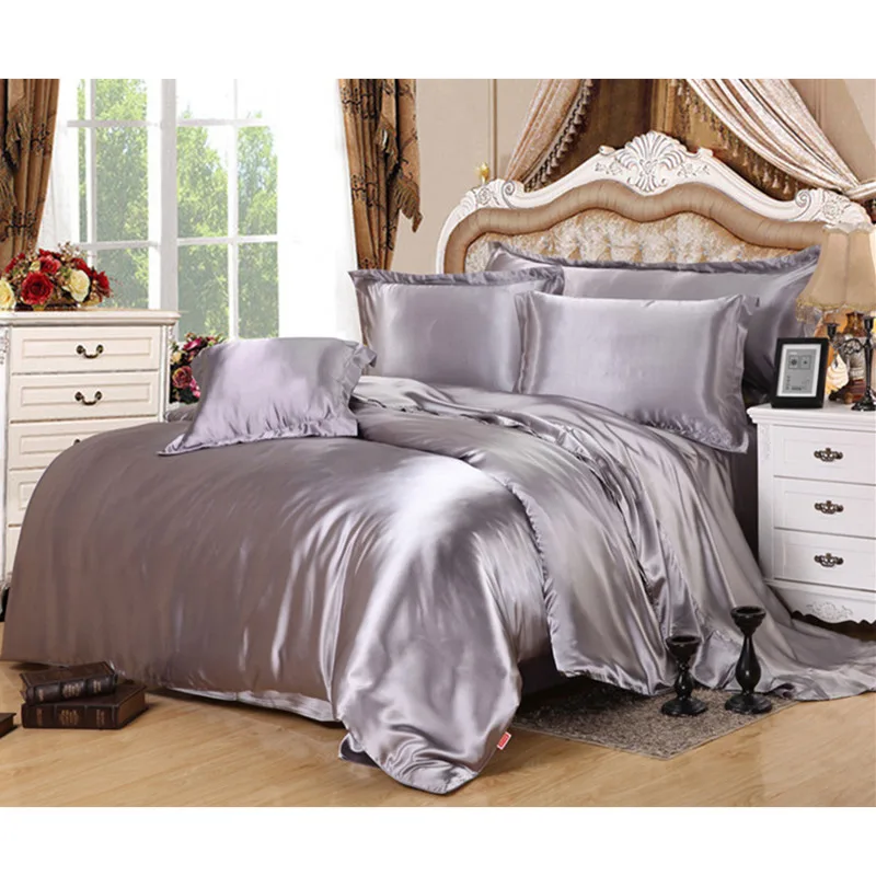 

Luxury Gray Bedding Sets King Queen Size AB side Satin Washed Silk Summer Used Simple Bed Linen Bedding Soild Duvet Cover Set