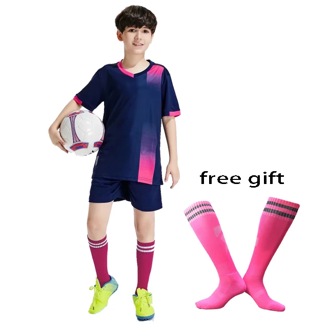 Детские футбольные майки для мальчиков и девочек; комплекты одежды для футбола с короткими рукавами; Детская Футбольная форма; спортивный костюм на заказ; Бесплатные Носки - Цвет: Navy