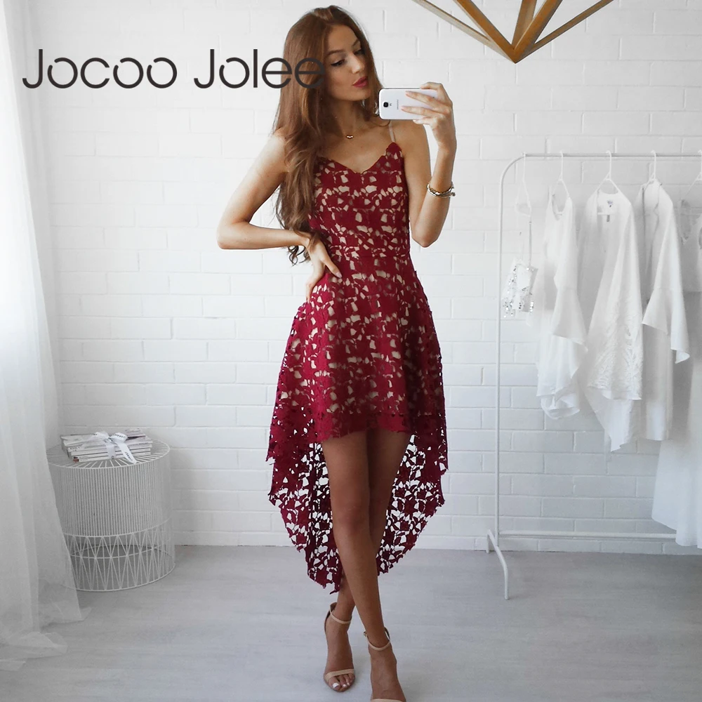 

Jocoo Jolee Women Sexy Lace Dress Casual V Neck Sleeveless Midi Dress Femme High Low Hem Party Club A-Line Dress New Fashion