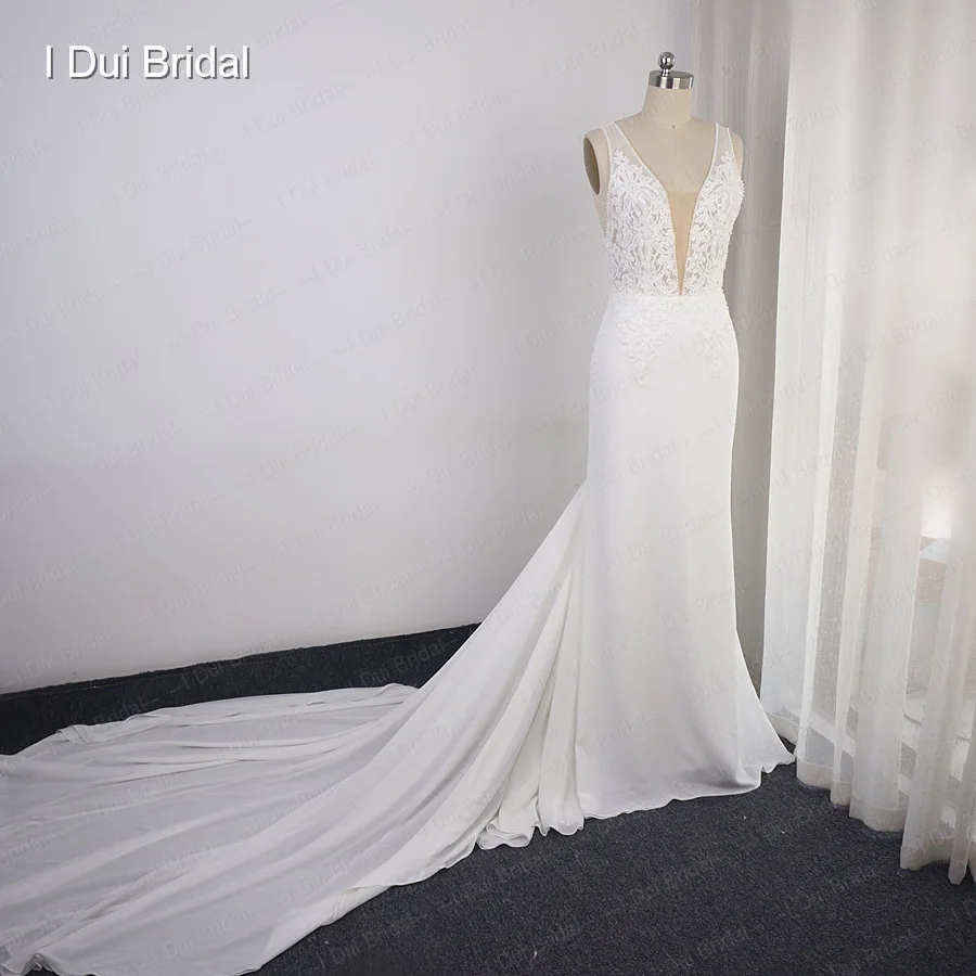 Глубокий v-образный вырез свадебное платье Оболочка шифон Кружева Элегантное свадебное платье
