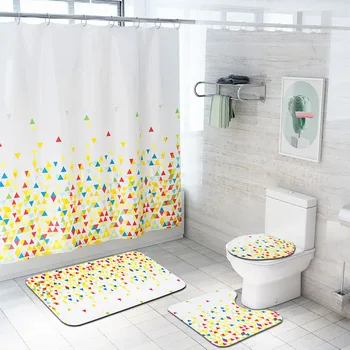 

4PCS Non Slip Toilet Polyester Cover Mat Set Bathroom Shower Curtain Colorful triangle Shower Curtain z0614#G30