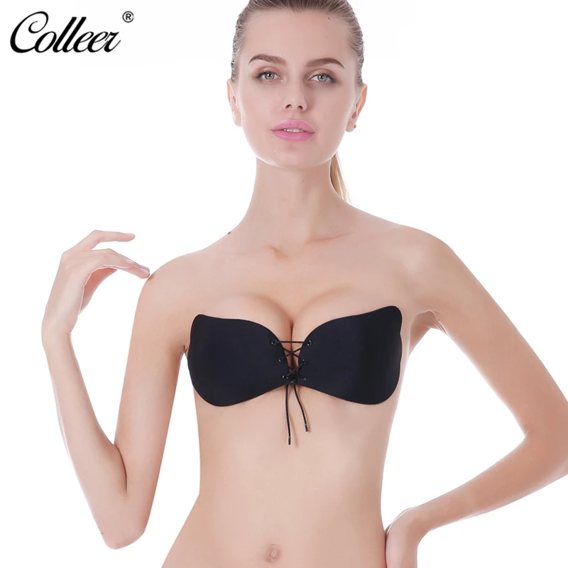 COLLEER Sexy Push Up Bra Silicone Lace Up Bralette Big Size Front Closure Invisible Strapless Bras