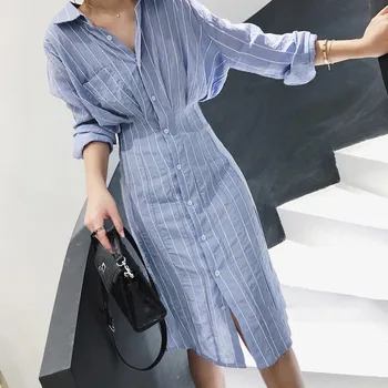 

Tunic Streak Striped Button Women's Slim Long Blouse Top Full Sleeve Turn-down Collar Korean Women Shirt Spring Casual Tops