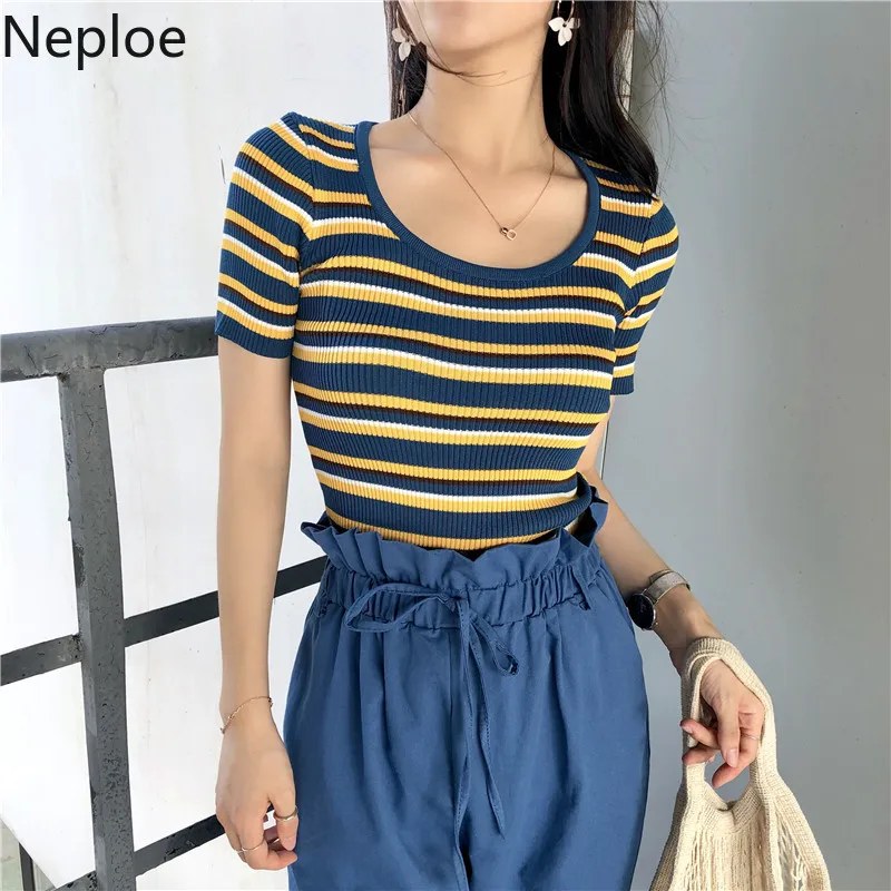 Женские футболки в полоску Neploe модные корейские с коротким рукавом и круглым