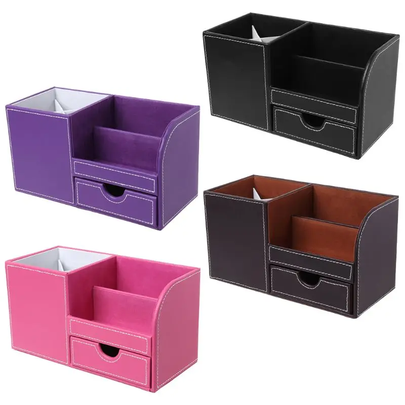 

Leather Desk Stationery Box Organizer Office Desktop Storage Holder For Pen Pencil Remote Control Makeup Skin Care Container J