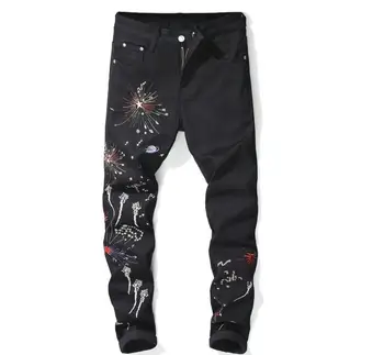 

New Fashion Mens Slim Straight Casual Jeans Digital Printing Flowers Star Black Stretch Stage Style Nightclub Skinny Denim Pants