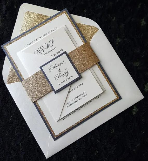 

Bespoke Gold or Silver Glittering Wedding Invitations with RSVP