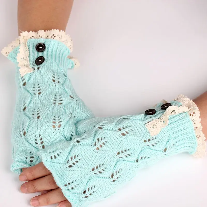 19 см* 8 см трикотажные Зимние перчатки для женский с кружевной отделкой пуговицы перчатки полые листья перчатки без пальцев Guantes Mujer