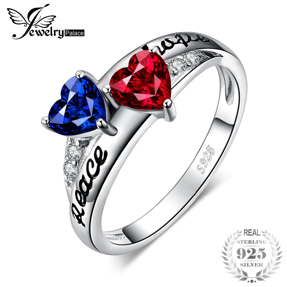 JewelryPalace Vintage Intertwined Engraved Peace Hope Created Ruby Sapphire Ring 925 Sterling Silver Gifts For Best Friends New