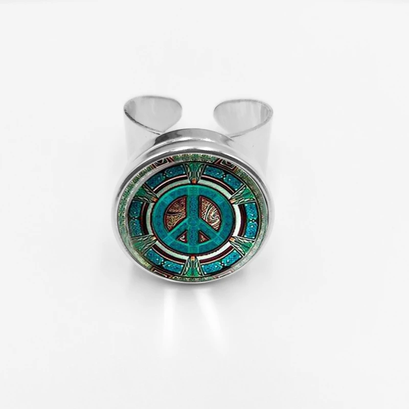 

2019/hippie Peace Logo Glass Dome Snap Ring DIY Handmade Fashion Jewelry Retro Charm Fashion Opening Ring Men's Gift Ladies Gift