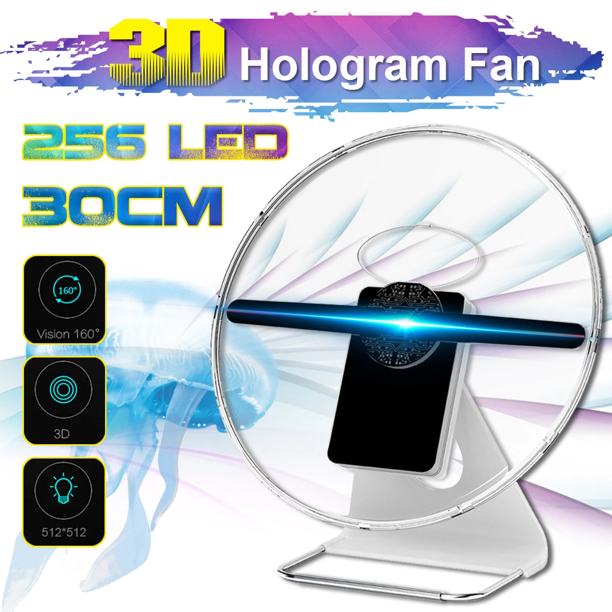 Portable 30CM 3D Holographic Projector With Battery Hologram Player LED Display Fan Advertising Light APP Control