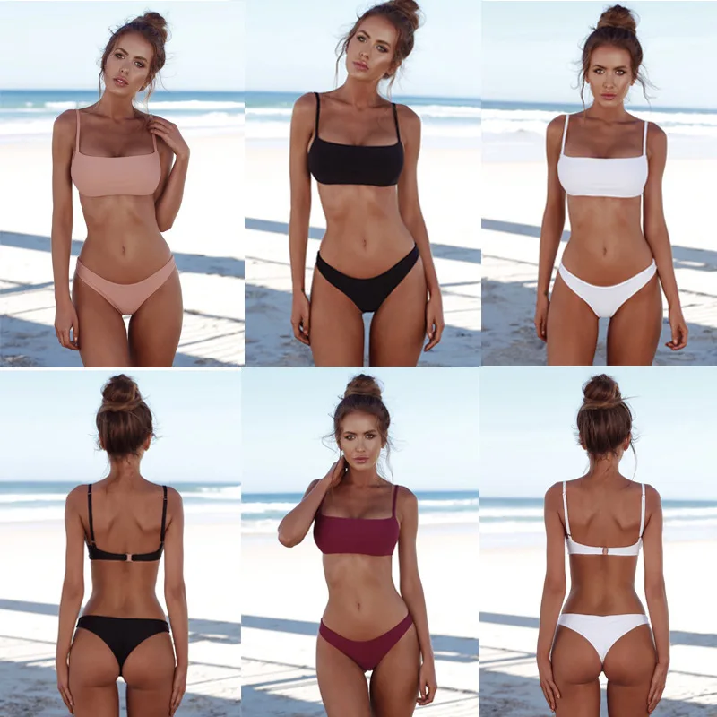

2018 Women Solid Swimwear Bandage Bikini Set with Push-up Padded Bras 7 Colors Triangle Body suits