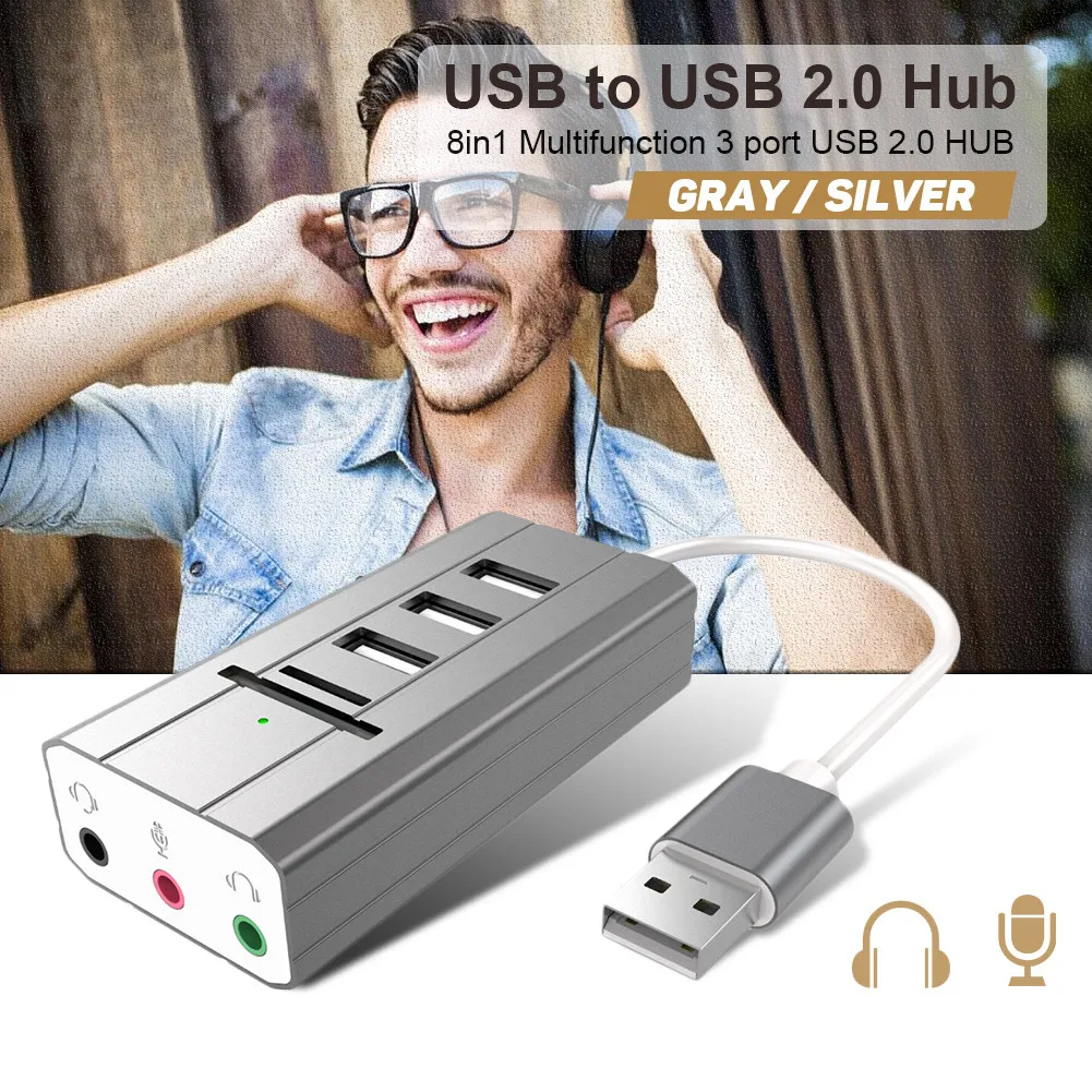 8 в 1 Многофункциональный 3 Порты USB 2,0 хаб с звуковая карта памяти SD Card Reader с 3 аудио Порты для портативных ПК