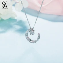 SA SILVERAGE 925 Sterling Silver Moon Star Pendant Necklace With Rhinestones Chokers Necklaces For Women Genuine Silver Jewelry