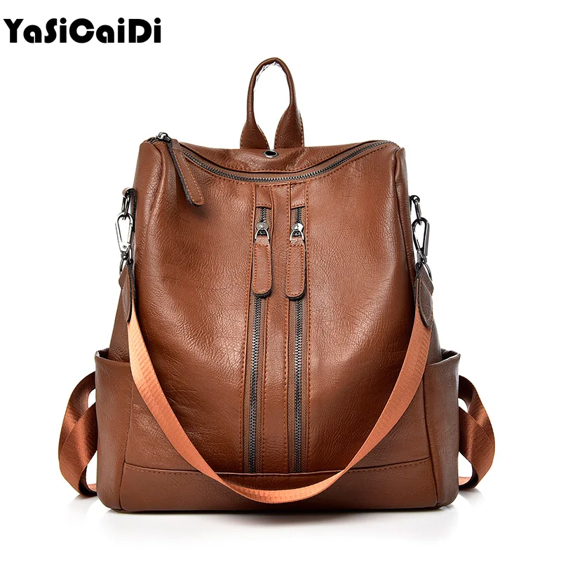 

YASICAIDI PU Leather Women Backpack Double Zipper School Backpack For Teenager Girl Large Capacity Multifunction Backpack Mochil