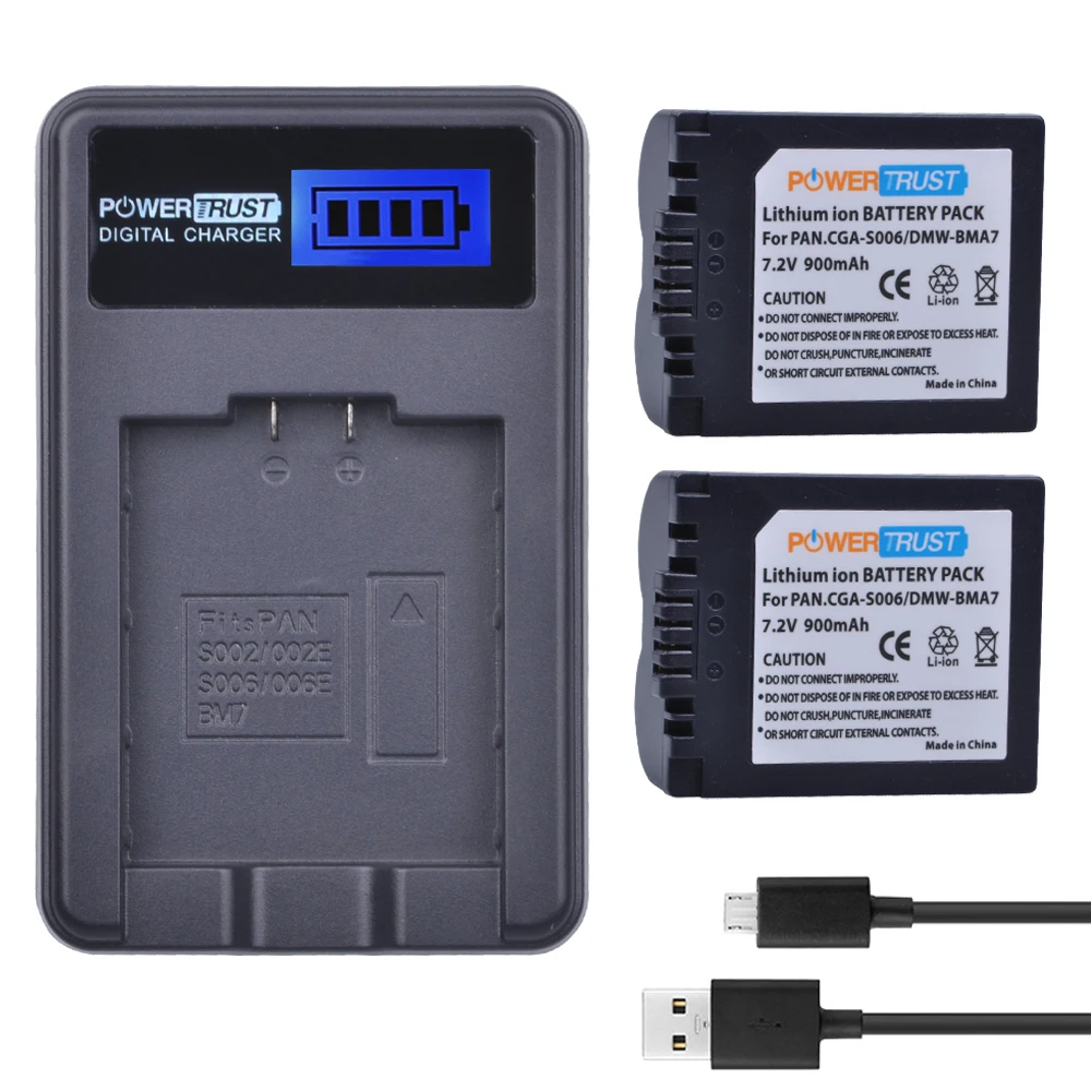 PowerTrus 2 шт. CGA-S006 CGR CGA S006E S006A S006 DMWBMA7 Батарея+ ЖК-дисплей USB Зарядное устройство для цифрового фотоаппарата Panasonic DMC FZ7 FZ8 FZ18 FZ28 FZ30 FZ35